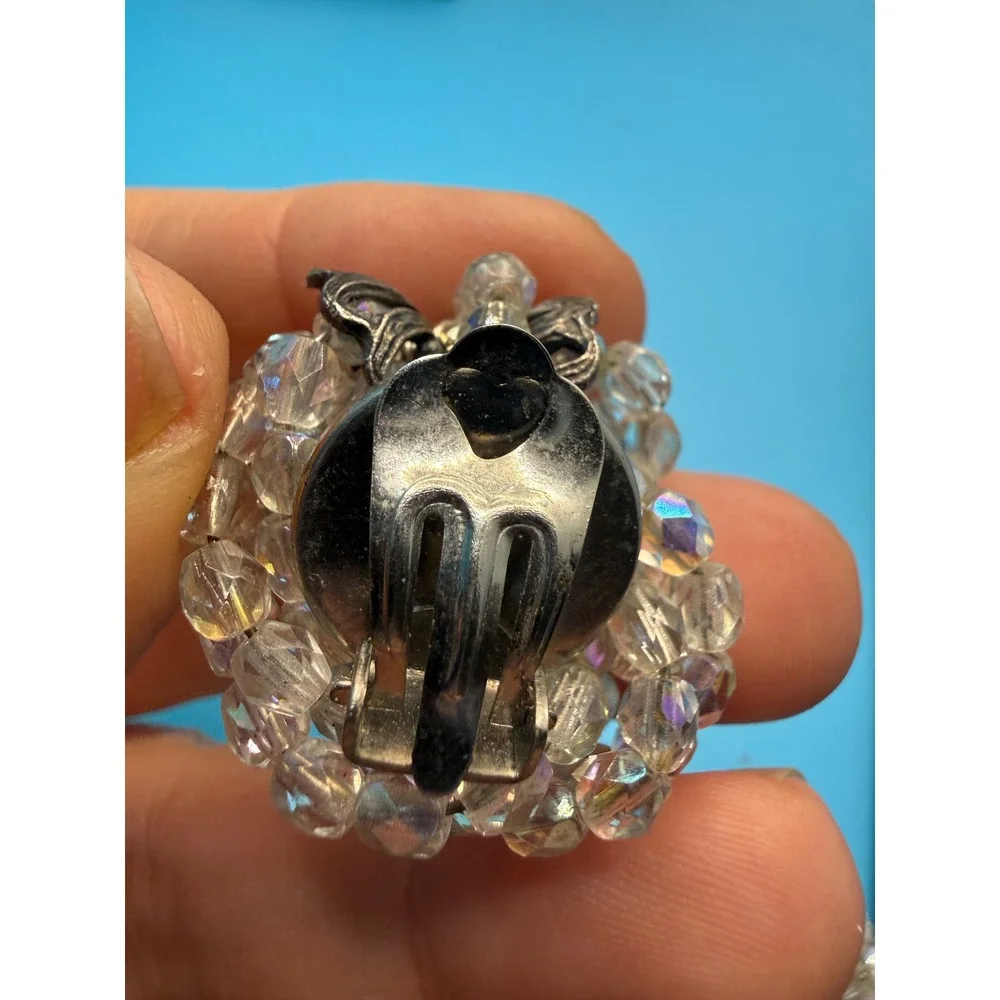 Margherita Buonanno Italy Vintage AB Crystal Cluster Bow Clip On Earrings 1in